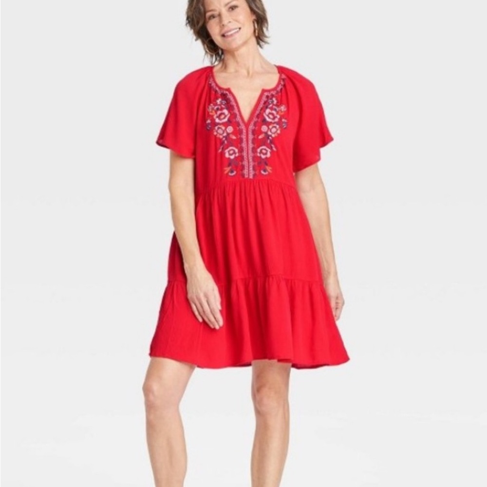 Knox Rose Embroidered Flowers Red Mini Dress
